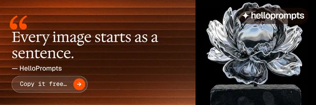 X header for HelloPrompts: "Say it like an art director." Agentic glass style, quote layout, dark palette in orange, grey, black.