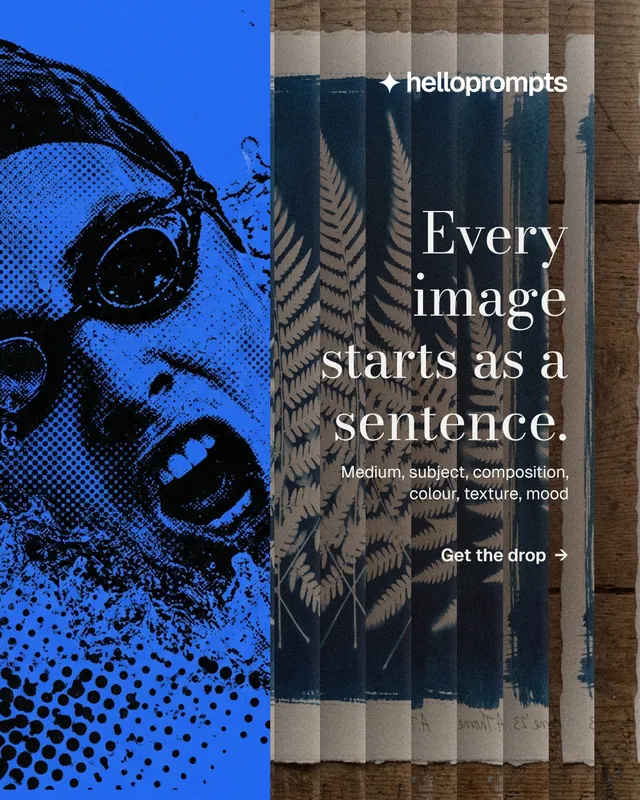Instagram portrait post for HelloPrompts: "Every image starts as a sentence." Minimal luxury style, right layout, dark palette in black, blue.