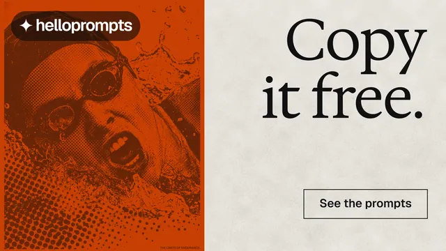 Landscape graphic for HelloPrompts: "Copy it free." Editorial style, right layout, light palette in white, orange.