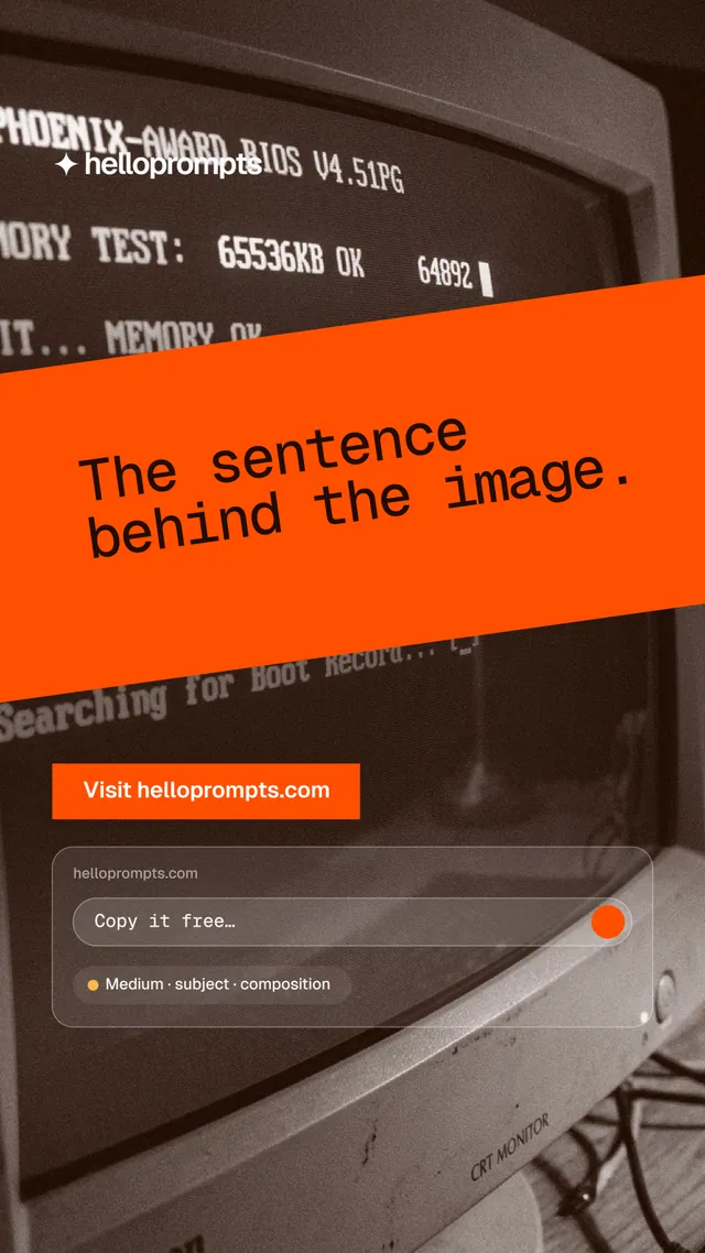 Instagram story for HelloPrompts: "The sentence behind the image." Swiss style, diagonal layout, dark palette in orange, grey.