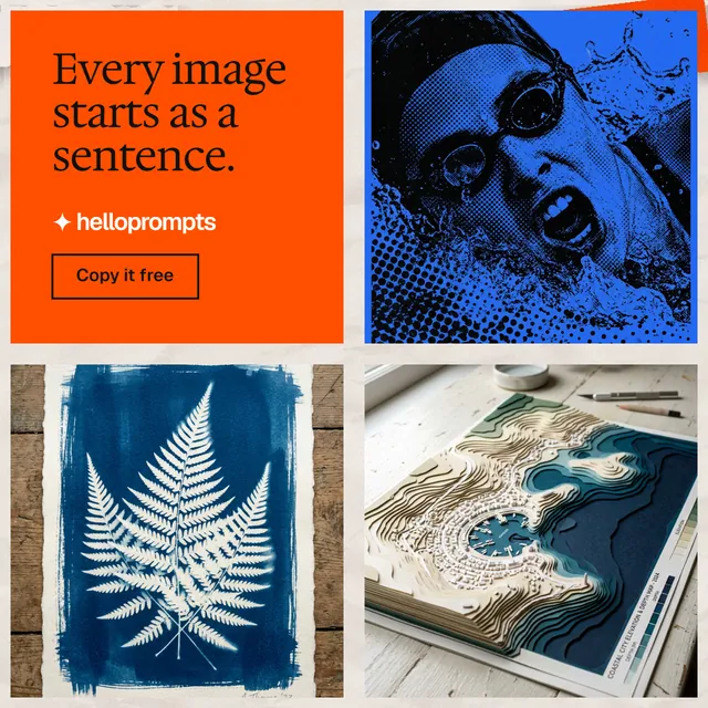 Instagram post for HelloPrompts: "Every image starts as a sentence." Editorial style, collage layout, light palette in blue, white, grey.