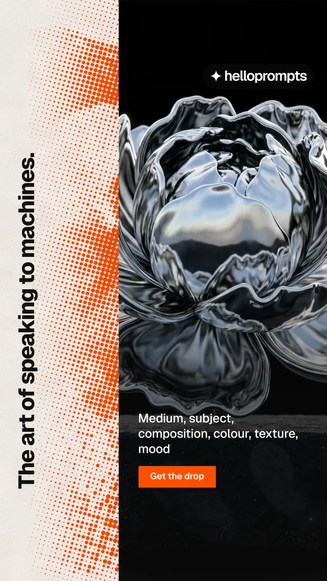 Instagram story for HelloPrompts: "The art of speaking to machines." Brutalist style, vertical layout, dark palette in orange, black, grey.