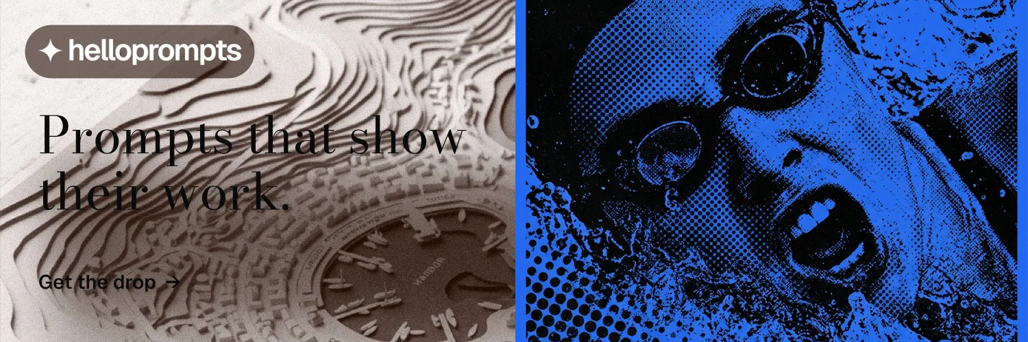 X header for HelloPrompts: "Prompts that show their work." Minimal luxury style, bottom layout, dark palette in grey, black, blue.