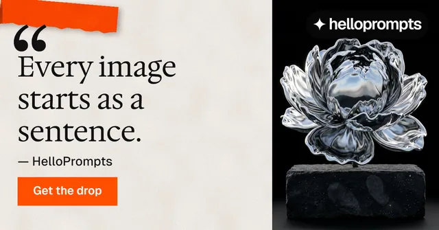 Social ad for HelloPrompts: "The art of speaking to machines." Swiss style, quote layout, light palette in orange, black, white.