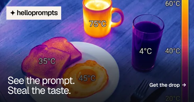 Social ad for HelloPrompts: "See the prompt. Steal the taste." Swiss style, image led layout, dark palette in blue, pink, orange.