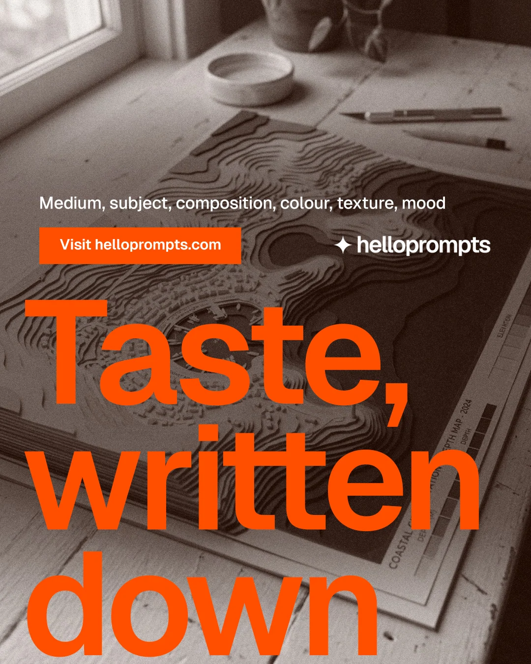 Instagram portrait post for HelloPrompts: "The sentence behind the image." Swiss style, oversized layout, dark palette in brown, orange, grey.