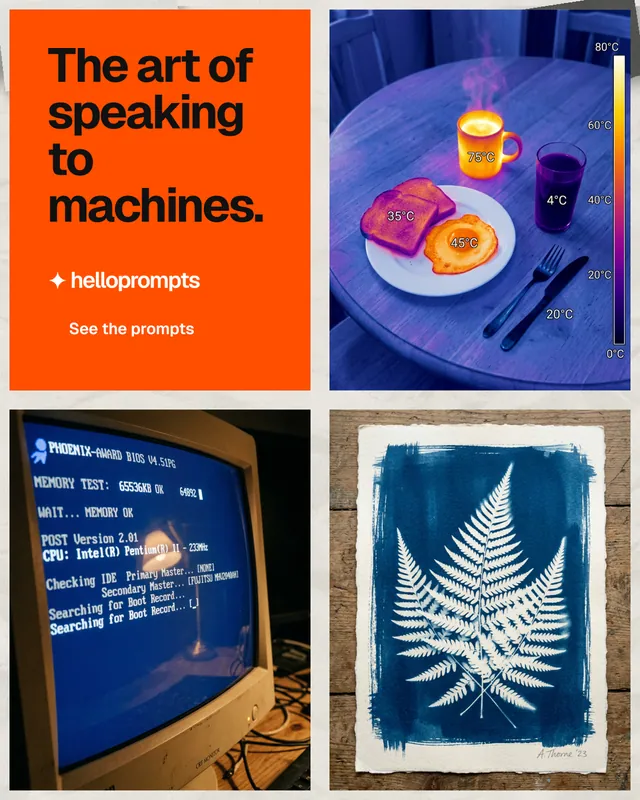Instagram portrait post for HelloPrompts: "The art of speaking to machines." Swiss style, collage layout, dark palette in blue, red, white.