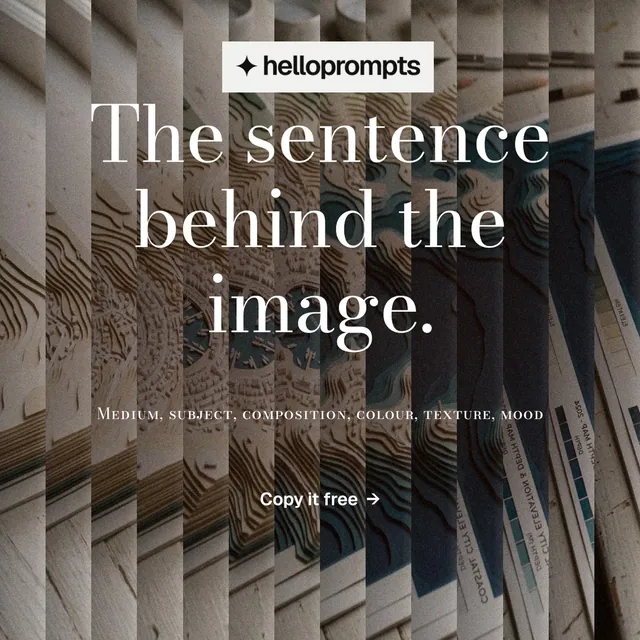 Instagram post for HelloPrompts: "The sentence behind the image." Minimal luxury style, smallcaps layout, dark palette in grey, black.
