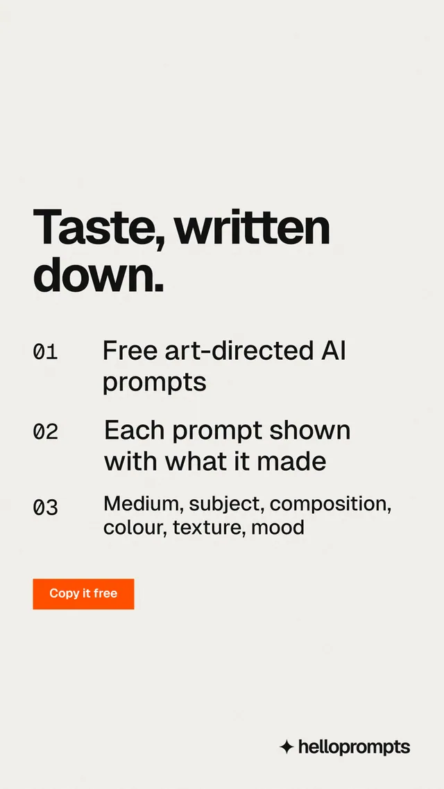Instagram story for HelloPrompts: "Taste, written down." Swiss style, numbered layout, light palette in white, grey.