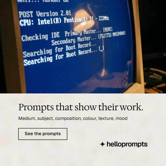 Instagram post for HelloPrompts: "Prompts that show their work." Editorial style, bottom layout, light palette in blue, orange, black.