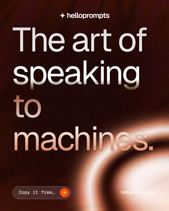 Instagram portrait post for HelloPrompts: "The art of speaking to machines." Agentic glass style, poster layout, dark palette in black, orange, red.