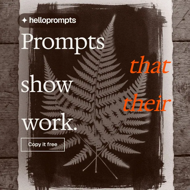 Instagram post for HelloPrompts: "Prompts that show their work." Editorial style, stacked layout, dark palette in black, grey, orange.