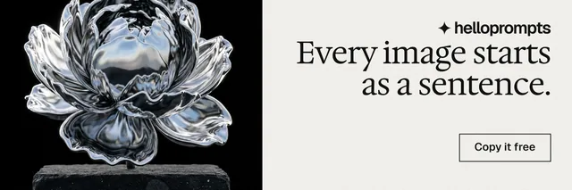 X header for HelloPrompts: "Every image starts as a sentence." Editorial style, right layout, light palette in white, black, grey.