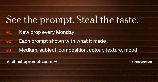 Social ad for HelloPrompts: "See the prompt. Steal the taste." Minimal luxury style, numbered layout, dark palette in orange, black, grey.