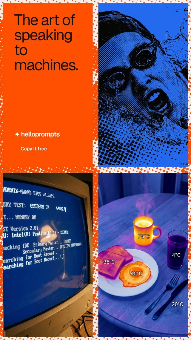 Instagram story for HelloPrompts: "The art of speaking to machines." Swiss style, collage layout, dark palette in red, blue.