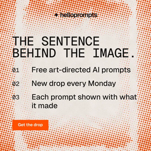 Instagram post for HelloPrompts: "The sentence behind the image." Retro print style, numbered layout, light palette in orange.