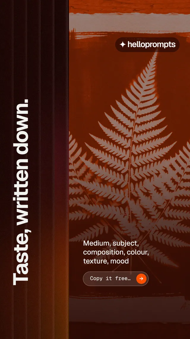Instagram story for HelloPrompts: "Taste, written down." Agentic glass style, vertical layout, dark palette in orange, red, black.
