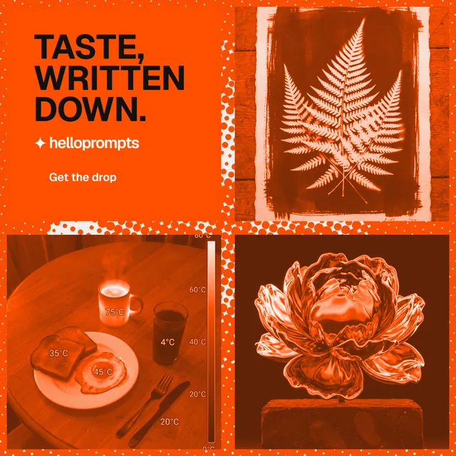Instagram post for HelloPrompts: "Taste, written down." Retro print style, collage layout, dark palette in orange.