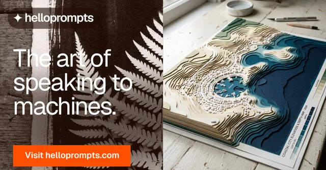 Social ad for HelloPrompts: "The art of speaking to machines." Swiss style, bottom layout, light palette in black, orange, grey.