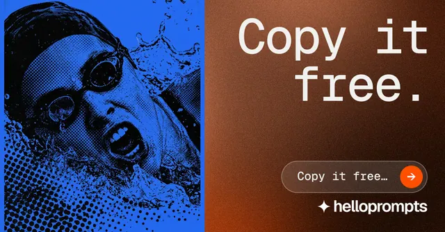Social ad for HelloPrompts: "Copy it free." Agentic glass style, right layout, dark palette in orange, blue, grey.