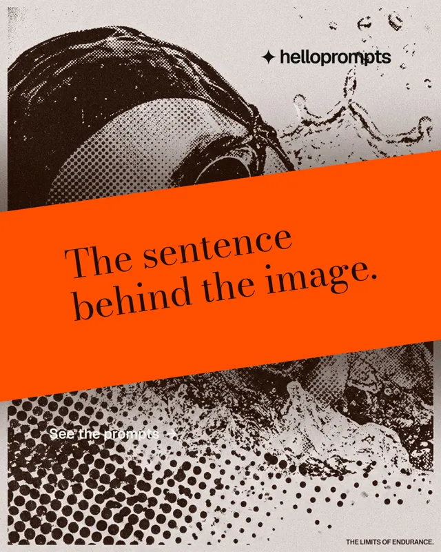 Instagram portrait post for HelloPrompts: "The sentence behind the image." Minimal luxury style, diagonal layout, light palette in orange, white, grey.
