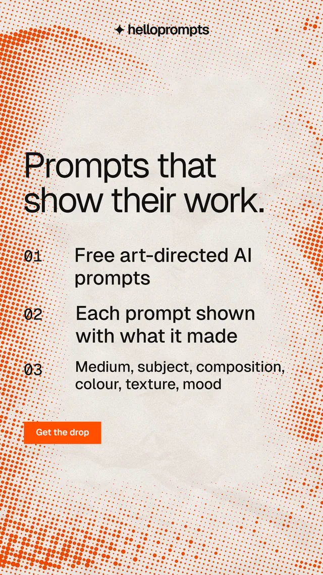 Instagram story for HelloPrompts: "Prompts that show their work." Swiss style, numbered layout, light palette in orange.