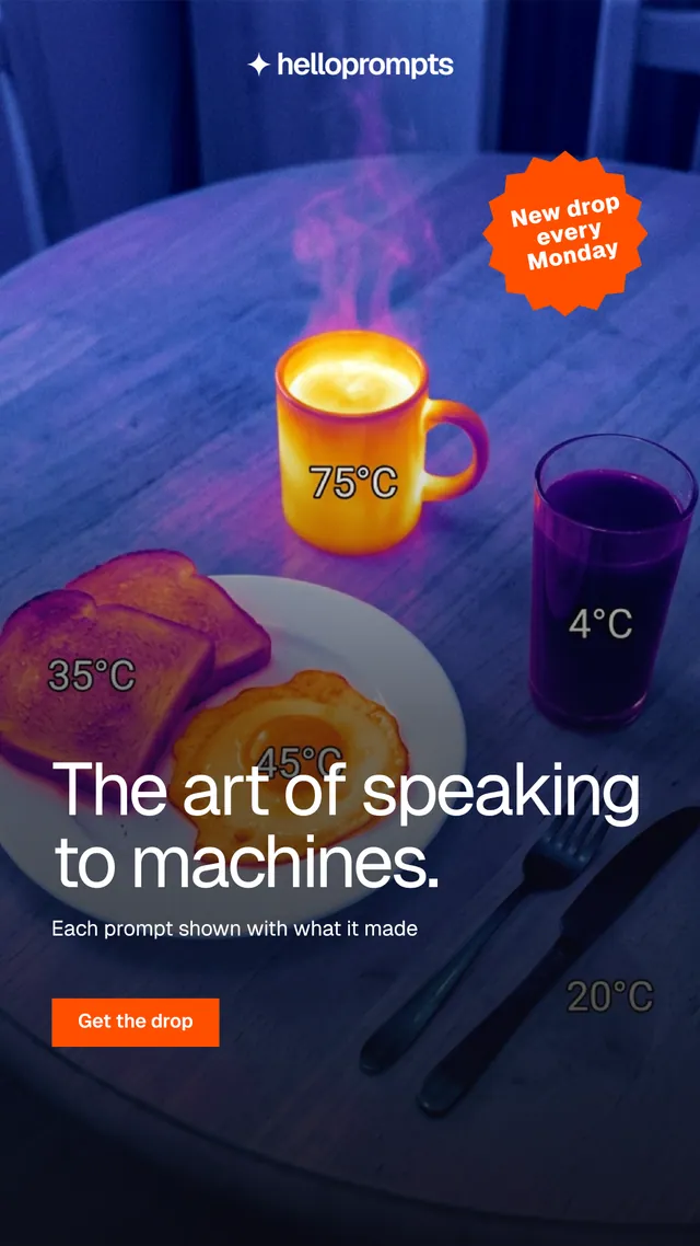 Instagram story for HelloPrompts: "The art of speaking to machines." Swiss style, sticker layout, dark palette in purple, grey, blue.