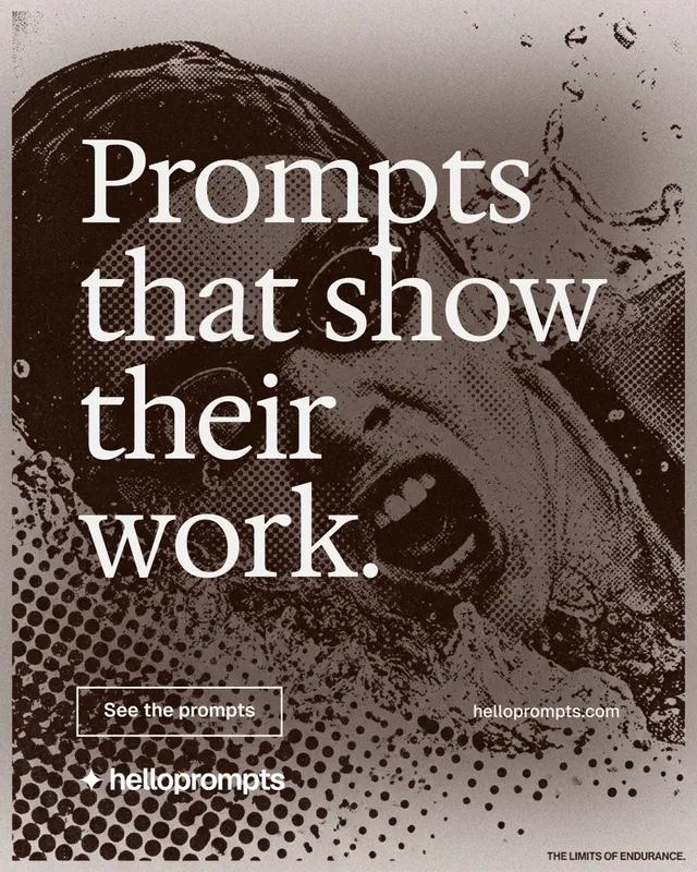 Instagram portrait post for HelloPrompts: "Prompts that show their work." Editorial style, poster layout, dark palette in orange, grey.