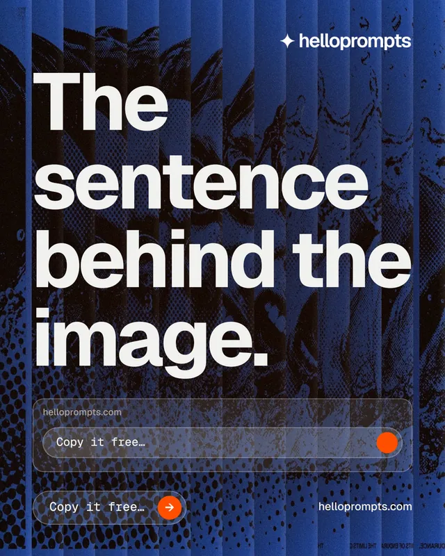Instagram portrait post for HelloPrompts: "The sentence behind the image." Agentic glass style, poster layout, dark palette in blue, black, grey.