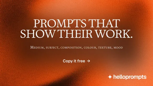 Landscape graphic for HelloPrompts: "Prompts that show their work." Agentic glass style, smallcaps layout, dark palette in orange, brown.