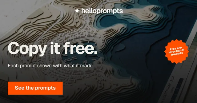 Social ad for HelloPrompts: "Copy it free." Swiss style, sticker layout, dark palette in black, orange, grey.