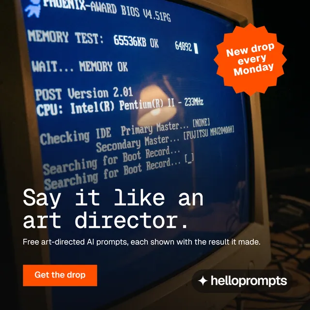 Instagram post for HelloPrompts: "Say it like an art director." Swiss style, sticker layout, dark palette in blue, black, grey.