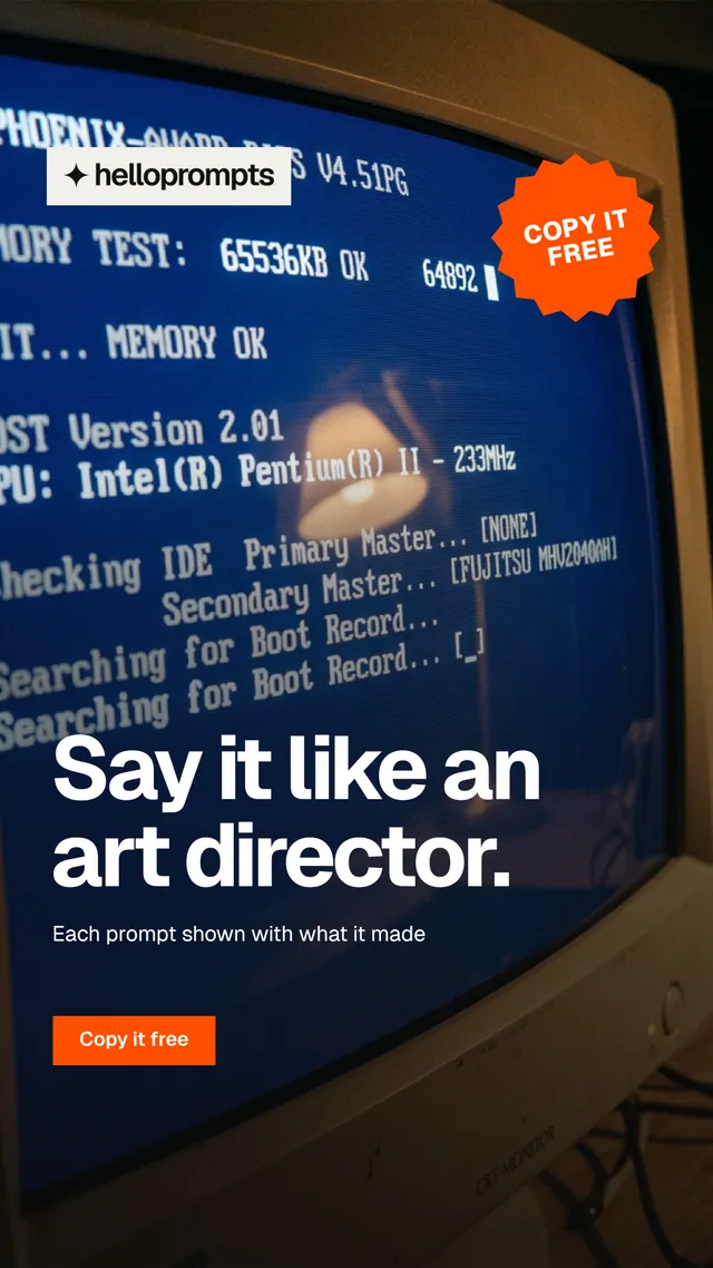 Instagram story for HelloPrompts: "Say it like an art director." Swiss style, sticker layout, dark palette in black, blue, grey.