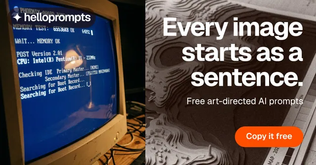 Social ad for HelloPrompts: "Every image starts as a sentence." Photo poster style, right layout, dark palette in orange, blue, grey.