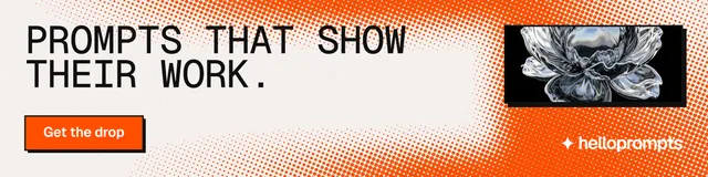 LinkedIn banner for HelloPrompts: "Prompts that show their work." Brutalist style, skeleton layout, light palette in orange, white.