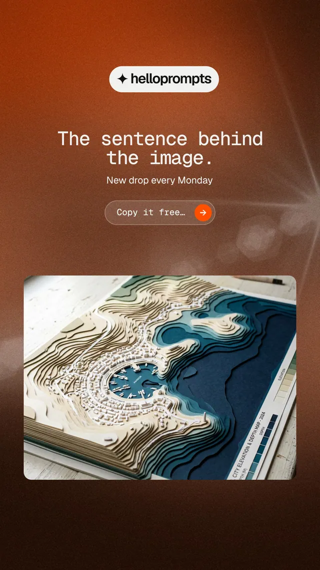 Instagram story for HelloPrompts: "The sentence behind the image." Agentic glass style, centred layout, dark palette in black, orange, brown.