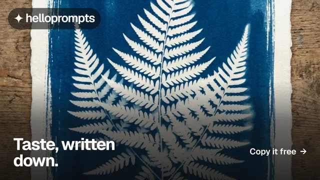 Landscape graphic for HelloPrompts: "Taste, written down." Swiss style, image led layout, dark palette in grey, blue.