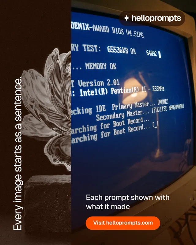 Instagram portrait post for HelloPrompts: "Every image starts as a sentence." Photo poster style, vertical layout, dark palette in blue, grey, black.