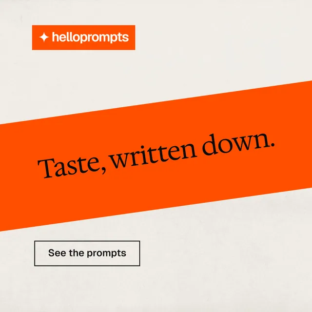 Instagram post for HelloPrompts: "Taste, written down." Editorial style, diagonal layout, light palette in white, orange, yellow.