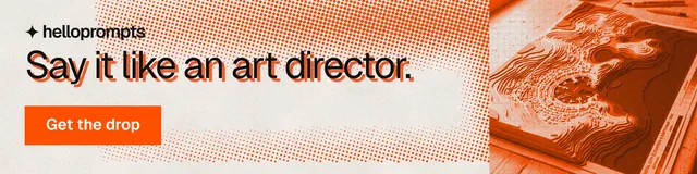 LinkedIn banner for HelloPrompts: "Say it like an art director." Retro print style, skeleton layout, light palette in orange.