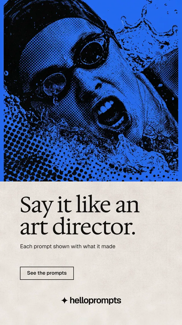 Instagram story for HelloPrompts: "Say it like an art director." Editorial style, bottom layout, light palette in blue, black, orange.