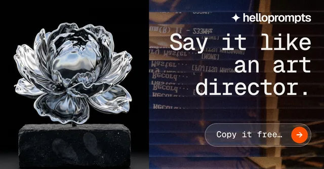 Social ad for HelloPrompts: "Say it like an art director." Agentic glass style, right layout, dark palette in black, grey.