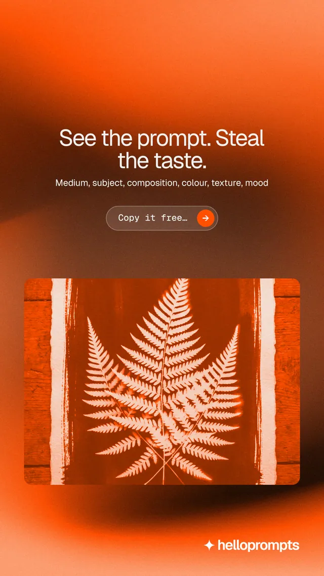 Instagram story for HelloPrompts: "See the prompt. Steal the taste." Agentic glass style, centred layout, dark palette in orange.