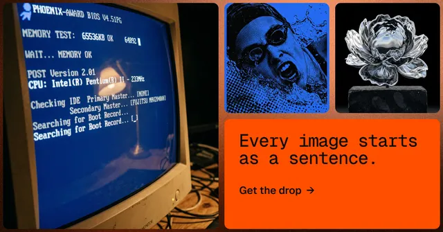Social ad for HelloPrompts: "Every image starts as a sentence." Agentic glass style, collage layout, dark palette in blue, orange, grey.