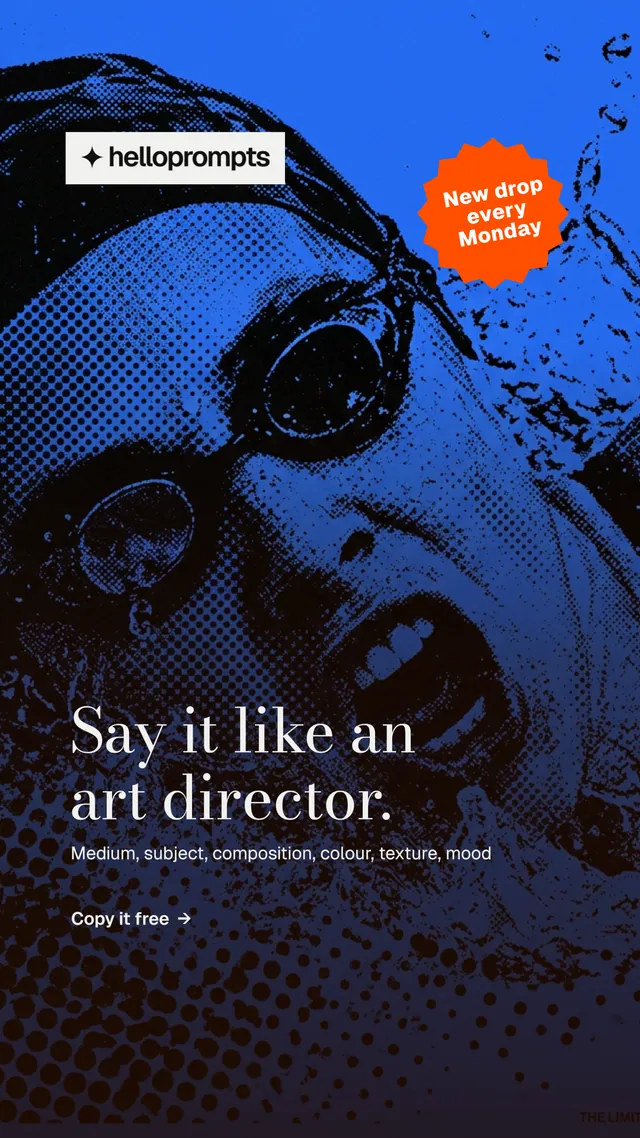 Instagram story for HelloPrompts: "Say it like an art director." Minimal luxury style, sticker layout, dark palette in blue, black.