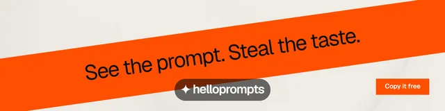 LinkedIn banner for HelloPrompts: "See the prompt. Steal the taste." Swiss style, diagonal layout, light palette in yellow, orange.
