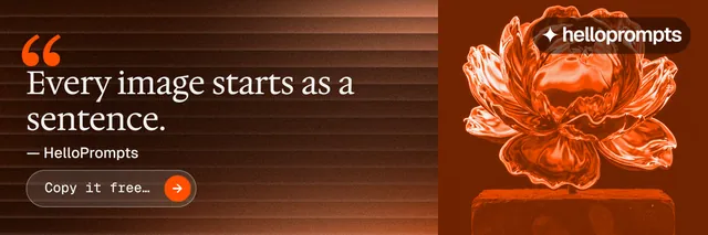 X header for HelloPrompts: "Taste, written down." Agentic glass style, quote layout, dark palette in black, orange, brown.