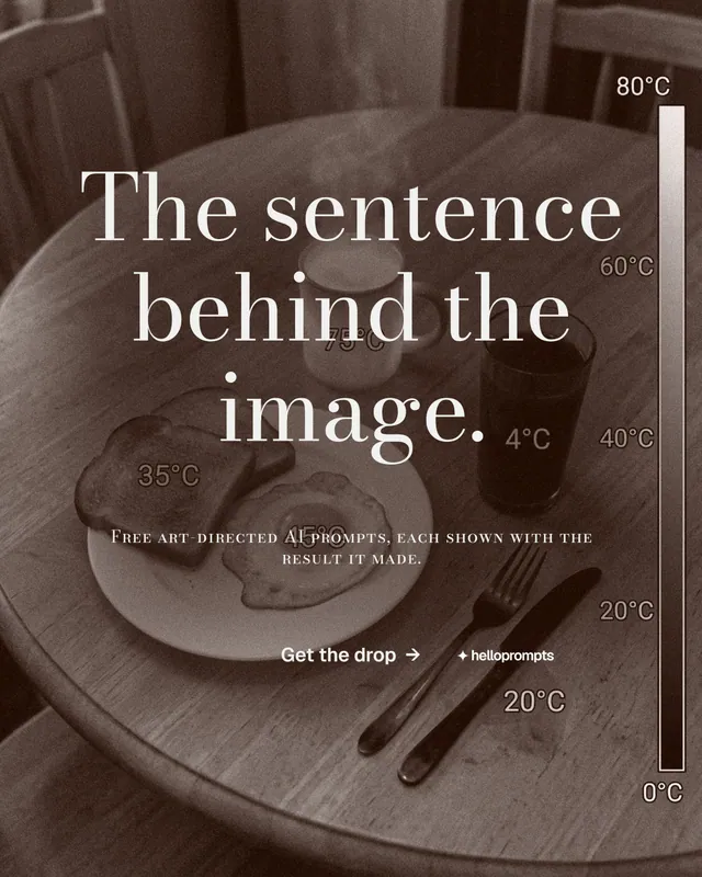 Instagram portrait post for HelloPrompts: "The sentence behind the image." Minimal luxury style, smallcaps layout, dark palette in orange, grey.
