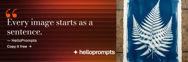 X header for HelloPrompts: "Every image starts as a sentence." Minimal luxury style, quote layout, dark palette in red, black, grey.