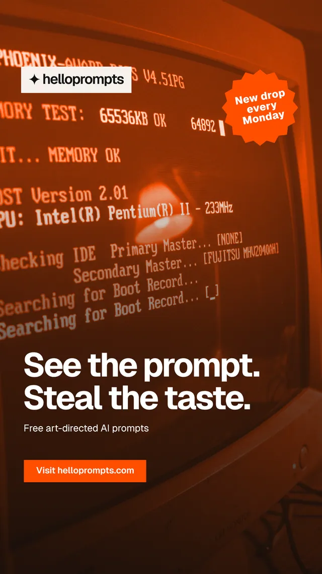 Instagram story for HelloPrompts: "See the prompt. Steal the taste." Swiss style, sticker layout, dark palette in black, orange.